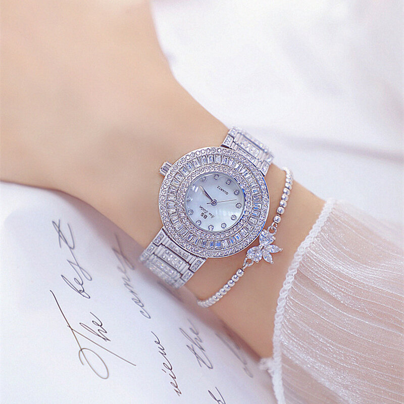 Relojes de lujo de oro rosa para mujer, pulsera de cuarzo de acero inoxidable, con diamantes, femenino