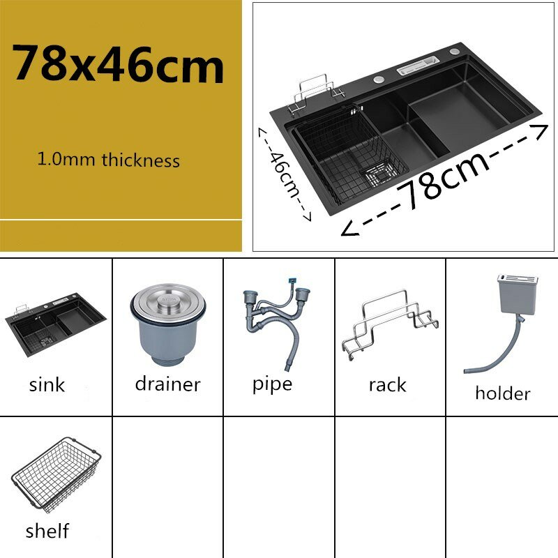 75x45CM Kitchen sink single bowl black nanometer 304 stainless steel manual  large stepped high and low 