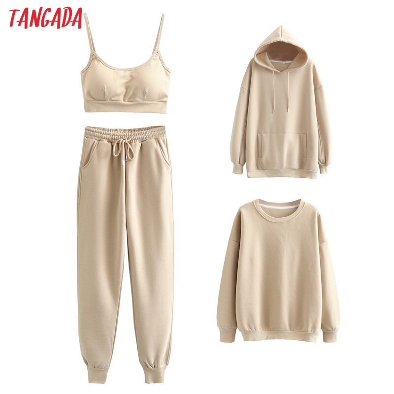 Tangada-여성용 컬러 매치 세트, 운동복 캐미 후드 플리스 스웨터 탄성 허리 바지 단색 6L35, 2020