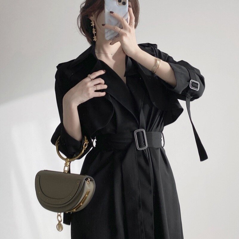 Coreano chique estilo francês retro estilo britânico lapela elegante emagrecimento longo rendas-up cintura blusão vestido feminino