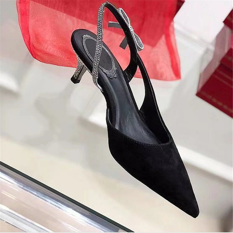 Zapatos de moda para mujer, sandalias de punta estrecha con lazo para gatitos, zapatos de vestir con tacones de gatito, sandalias con correa trasera, 2021