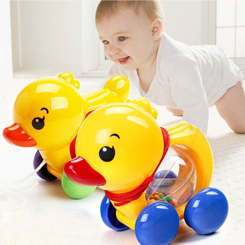 Cartoon Pull Rope Duck Animals Baby Rattles Shaking Bell Toys Music Handbell for Kids