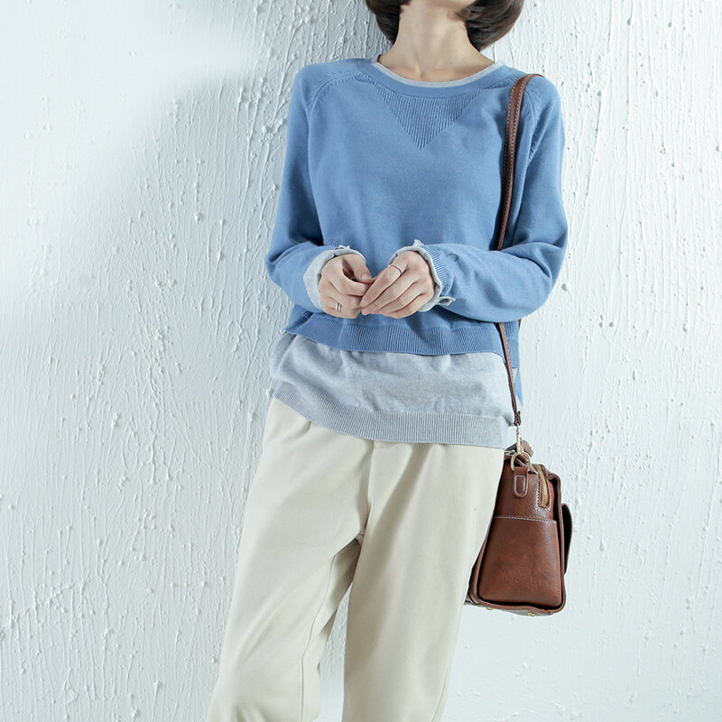 Suéter versión coreana para mujer, dos piezas falsas, cuello redondo, suelto, otoño, invierno, nuevas costuras, Tops de fondo de estilo occidental