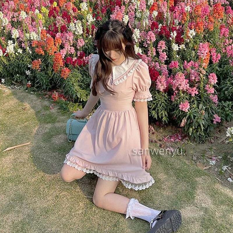 Kawaii Đầm Nữ Mùa Hè Nhật Bản Tay Phồng Phối Ren Hồng Công Chúa Lolita Đầm Vintage Nơ Cổ Peter Pan Búp Bê Cho Bé đầm