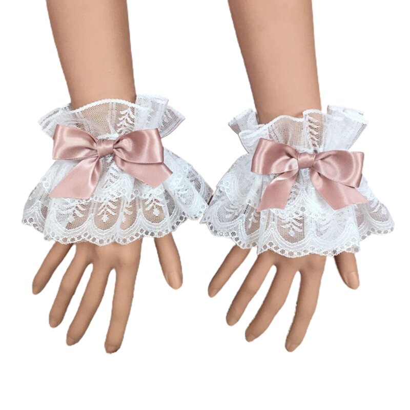 Women Lolita Hand Sleeve Wrist Cuffs Ruffled Lace Bowknot Maid Cosplay Bracelet Wristband Wedding Prom Party Costume