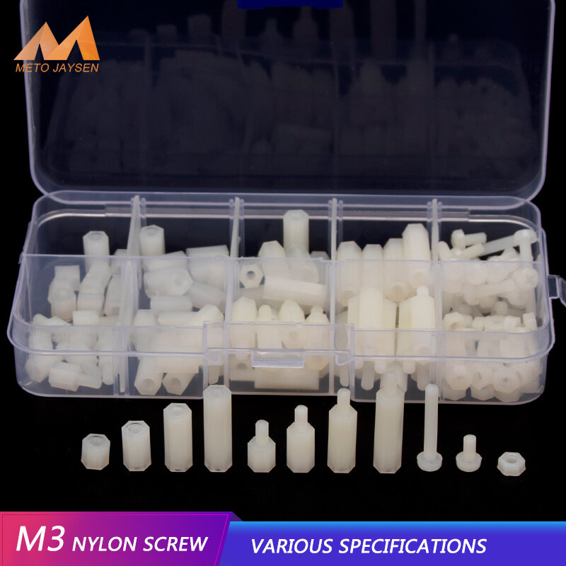 Espaciador de nailon hexagonal M3, Kit de surtido de tuercas de plástico, macho y hembra, color blanco, 150 unids/set por juego
