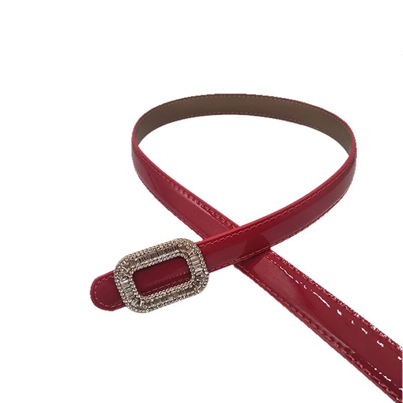 Cinturones finos con hebilla cuadrada de cristal brillante para mujer, fajas de charol de alta calidad, tamaño libre, 2021