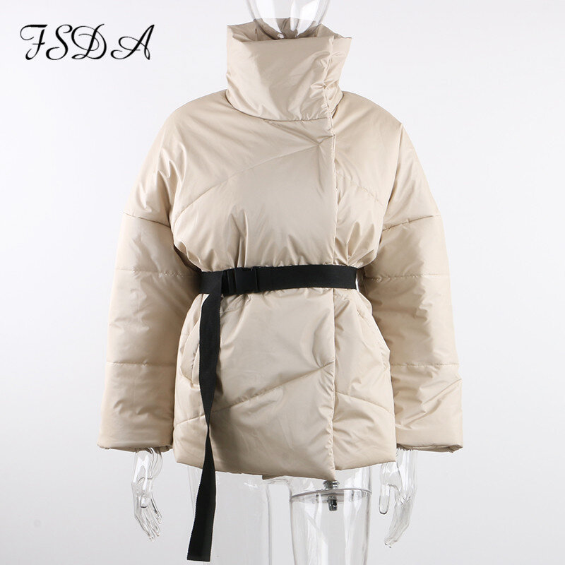 Fsda outono inverno casaco feminino parkas quente com cinto casual 2020 bolso solto bolha caqui faixas curtas jaquetas grossas