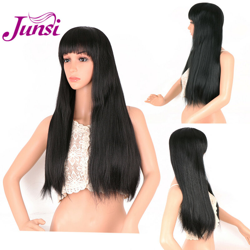 JUNSI أسود أحمر لونين طبيعي طويل مستقيم الشعر موضة أنثى شعر مستعار اصطناعي ارتفاع درجة الحرارة الألياف غطاء رأس طويل