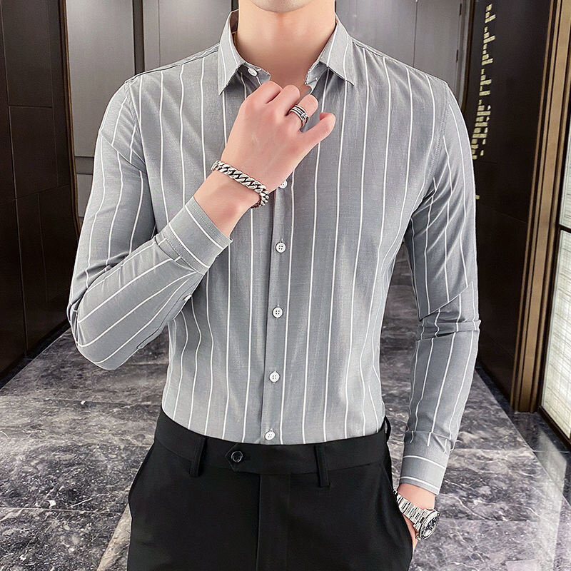 남성 2021 봄 가을 한국 스타일 잘 생긴 셔츠 남성 슬림핏 비즈니스 캐주얼 블라우스 남성 긴팔 스트라이프 셔츠 O294