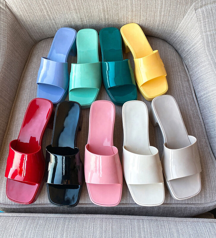 Zapatillas de PVC para mujer, Sandalias de tacón alto con punta cuadrada a la moda, zapatos de playa informales, novedad de verano 2021