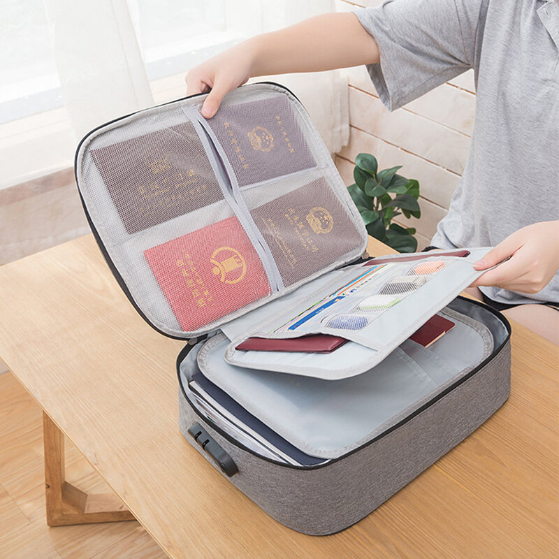 De gran capacidad Multi-capa documento entradas bolsa de almacenamiento de archivo de certificado organizador casa pasaporte de viaje maletín con cerradura