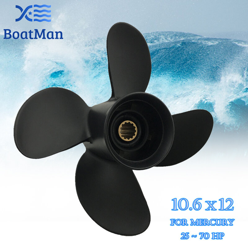 BoatMan® 10.6x12 Propeller for Mercury Outboard Motor 40HP 55HP 60HP 70HP 48-8M8026625 13 Splines 4 Blades  Aluminum Boat Parts