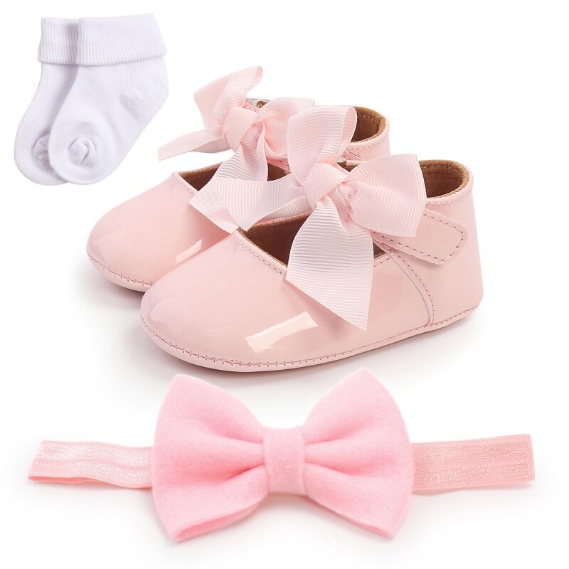 Autumn Baby Girl Anti-Slip Casual First Walkers Soft Soled Bow Princes Christmas Shoes Headbands Socks Set Crib Shoes 0-18M