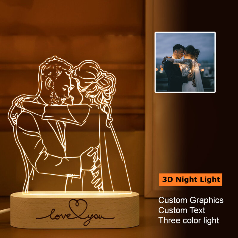 Lámpara de noche con foto personalizada, texto personalizado, Día de San Valentín, boda, aniversario, cumpleaños, 3D luz nocturna, regalos