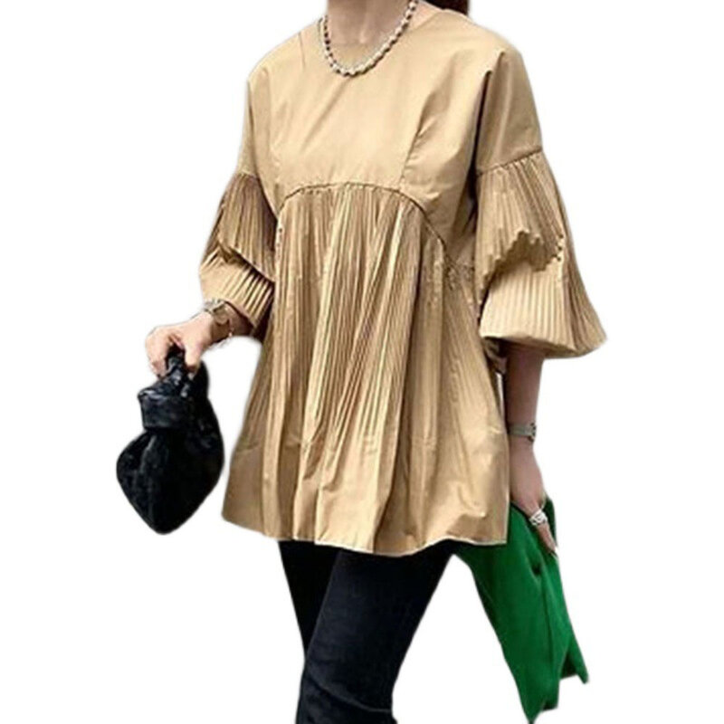 2021 japanische Koreanische Frauen der Sommer Crimpen Einfarbig Bluse Mode Rundhals Ausgestellte Ärmel Lose Beiläufige Einfachheit