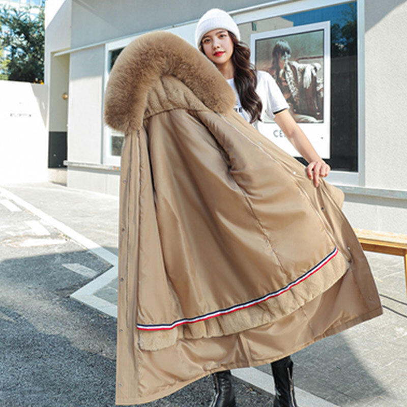 Chaquetas gruesas y cálidas para mujer, Parkas largas con capucha, abrigo grande con Cuello de piel, abrigo de invierno, 2021