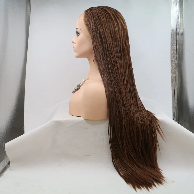 Brown13 * 4 caixa trançado perucas frente do laço artesanal micro trançado em linha reta cabelo sintético completo longo trança perucas de cabelo do bebê