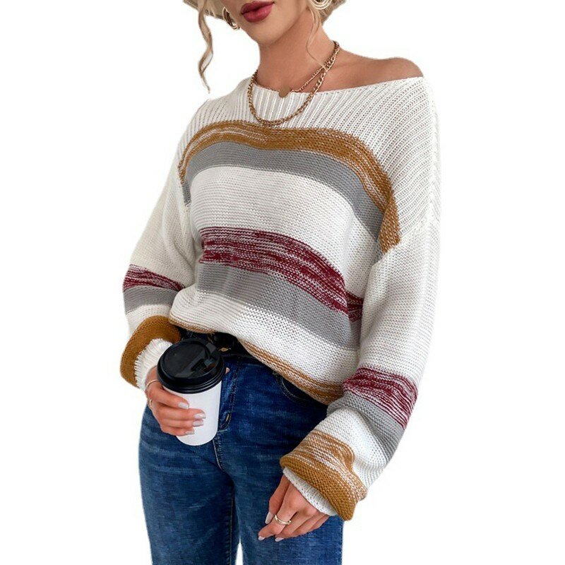 Женский трикотажный свитер с длинным рукавом, в полоску