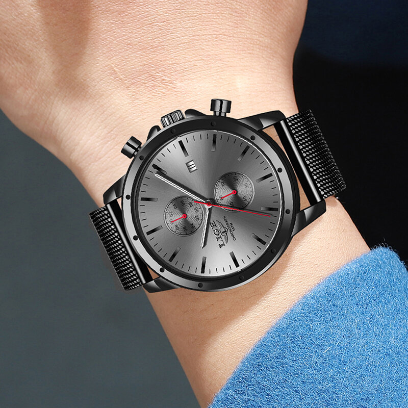 LIGE-남성용 크로노그래프 최고 럭셔리 브랜드 시계, 전체 스틸 방수 아날로그 쿼츠 손목시계 + 상자