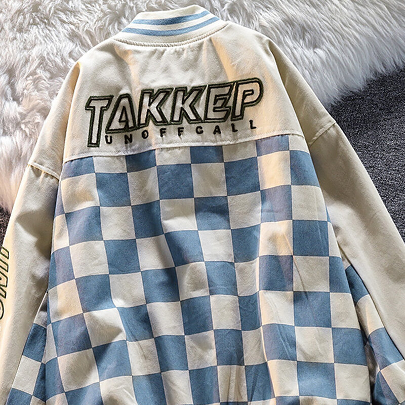 Женская Осенняя бейсбольная блестящая американская Шахматная уличная куртка в стиле хип-хоп Harajuku Свободная куртка с отстрочкой BF