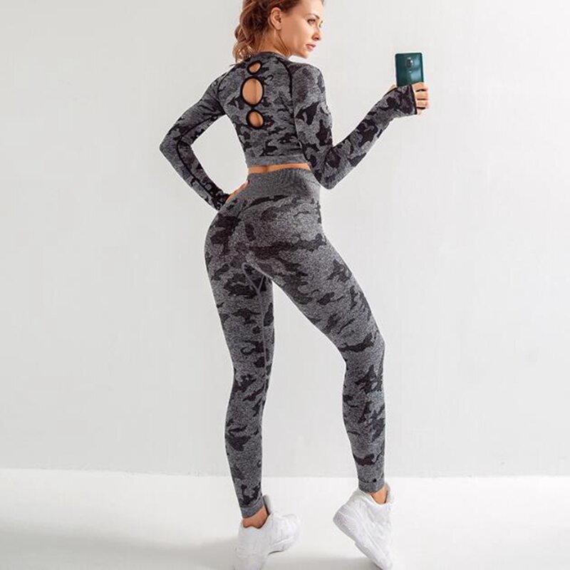 Newest Yoga Set Women Seamless Camouflage Long sleeves Tops High Waist Leggings Fitness Sport GYM Camo Suits Tight Workout pants