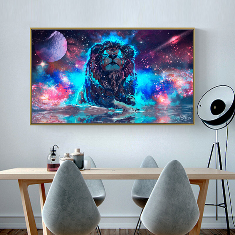 AAHH-pintura en lienzo de gran tamaño para sala de estar, imagen de Animal moderno, Póster Artístico de pared, Planeta de colores, León brillante