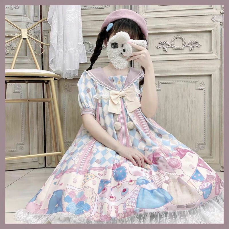 Kawaii Japanese Lolita Vintage Dress Bunny Printing Lolita Dress Women Soft Girl Style Cute Princess Lace Dress Cute Party Dress