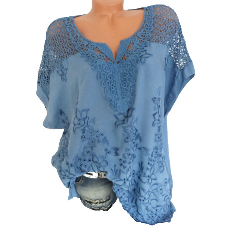 Женская блузка с вышивкой, Летняя ажурная Свободная рубашка с коротким рукавом и V-образным вырезом, женская модная Повседневная Блузка с цв...