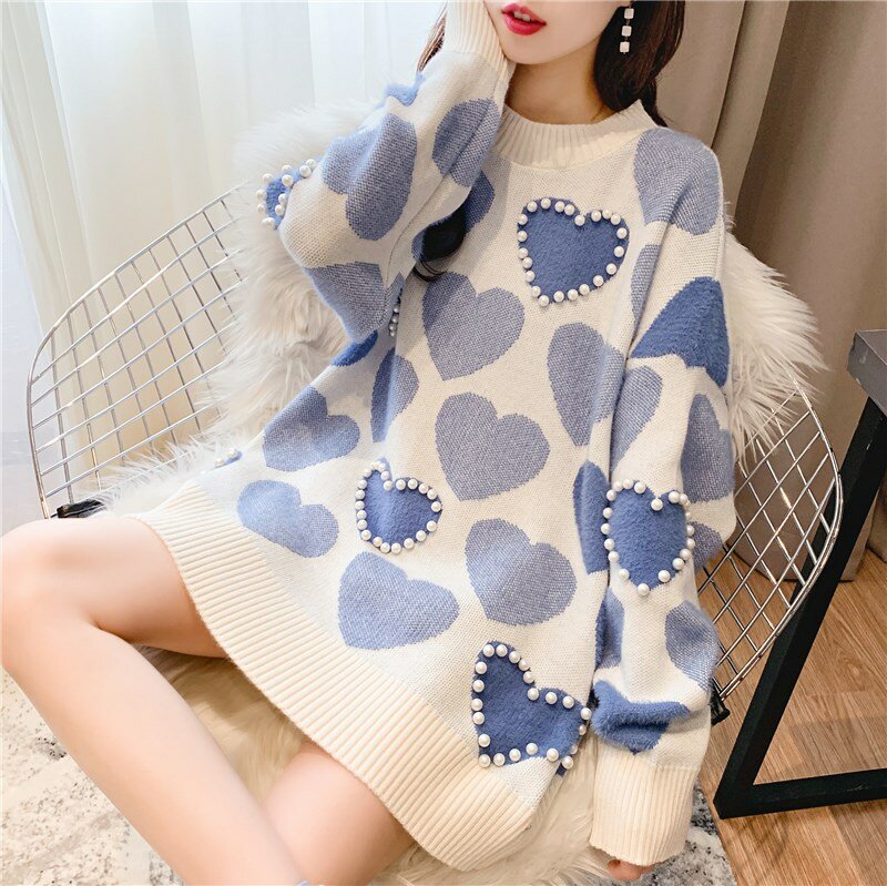 Adorável camisola feminina pulôver solto outono inverno 2020 novo estilo coreano camisola de malha o pescoço miçangas blusas manga longa 215e