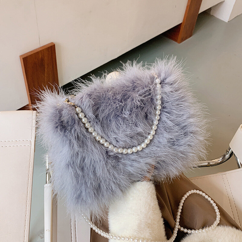 Winter Ostrich Hair Hand Warmer Fur Handbags Fashion Pearl Portable Diagonal Real Feather Fur Bags Women's Fashion Banquet Bag