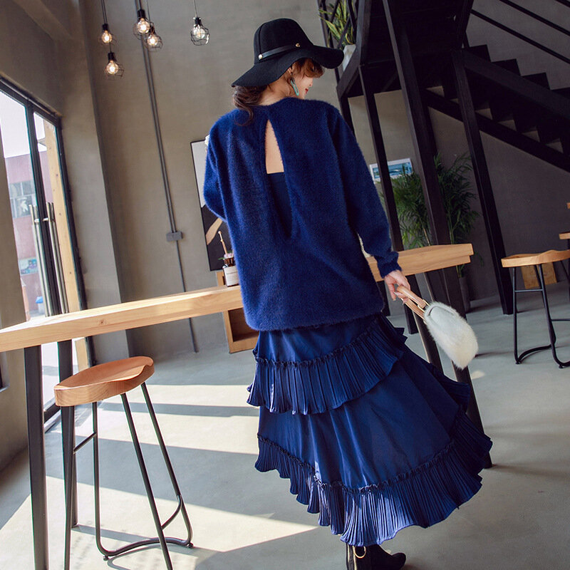 Outono e inverno senhoras malha terno casual cinta vestido define 2022 moda azul malha solta pulôver camisola vestido de duas peças feminino