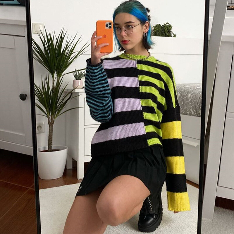 NCLAGEN Contrast Color Mixed Stripe Patchwork Sweaters Women Loose Harajuku Streetwear Long Sleeve Pullover Oversize Sweater Top