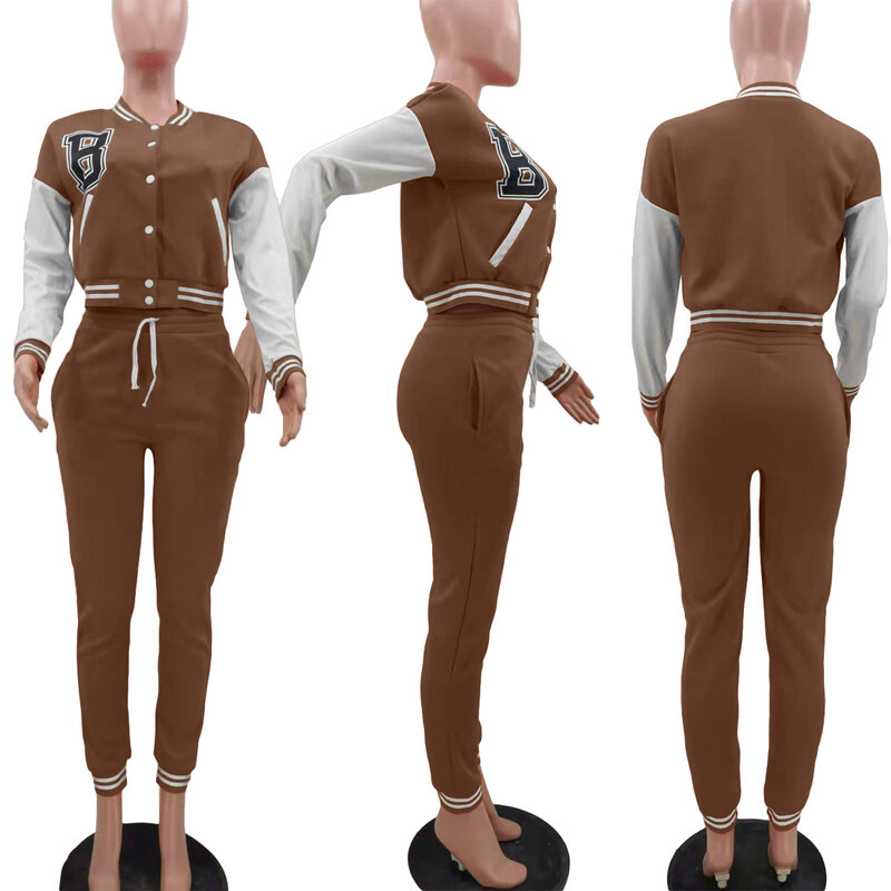 Adogirl-캐주얼 야구 저크 투피스 세트, 가을 여성 운동복, 긴 소매 탑 + 슬림 팬츠 매칭 의상, 스트리트웨어