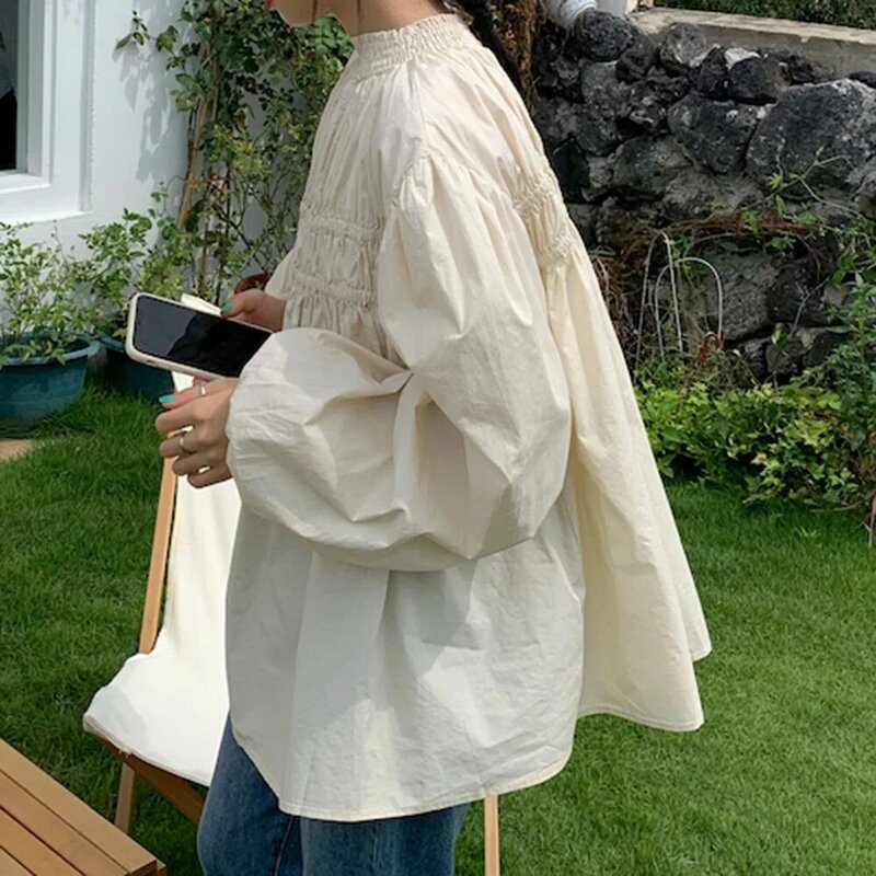 Блузка в японском стиле ретро, свободная однотонная Повседневная рубашка с круглым вырезом и пышными рукавами, в простом стиле, осень 2021