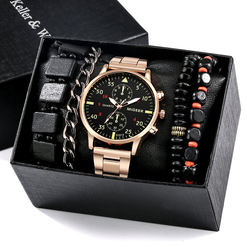 Migeer relógios masculinos moda pulseira esporte conjunto preto rosto relógio de quartzo relógio casual relógio de pulso de negócios presente para o homem reloj hombr