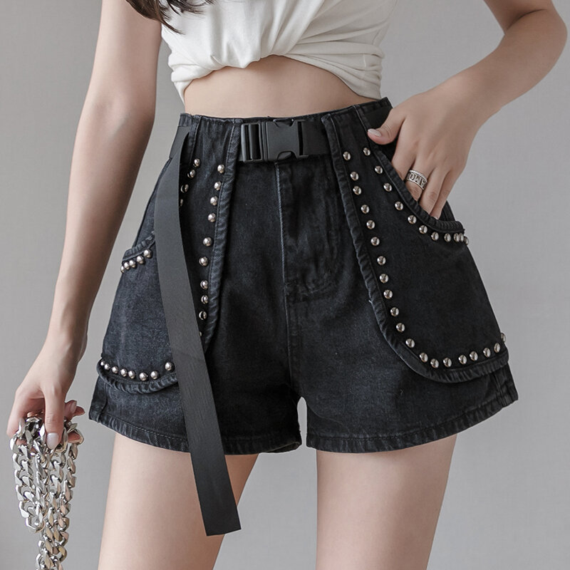 Fashionable new heavy industry beaded high waist loose loose slim wide leg denim shorts