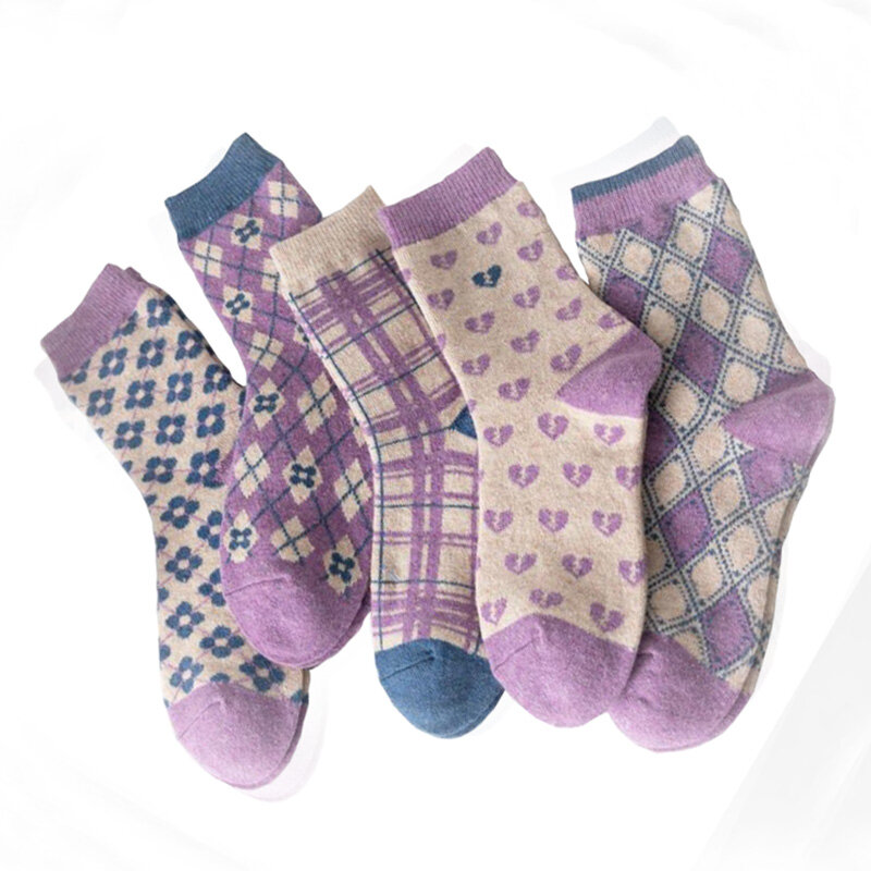 5 paires de chaussettes imprimées en laine épaisse pour femme, tenue chaude, à la mode, nouveau Style Kawaii, Skateboard, Skarpetki, hiver