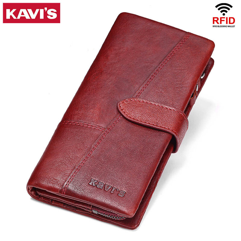 KAVIS – portefeuille en cuir véritable pour femme, pochette longue, porte-monnaie Rfid, marque de luxe, fermeture éclair magique