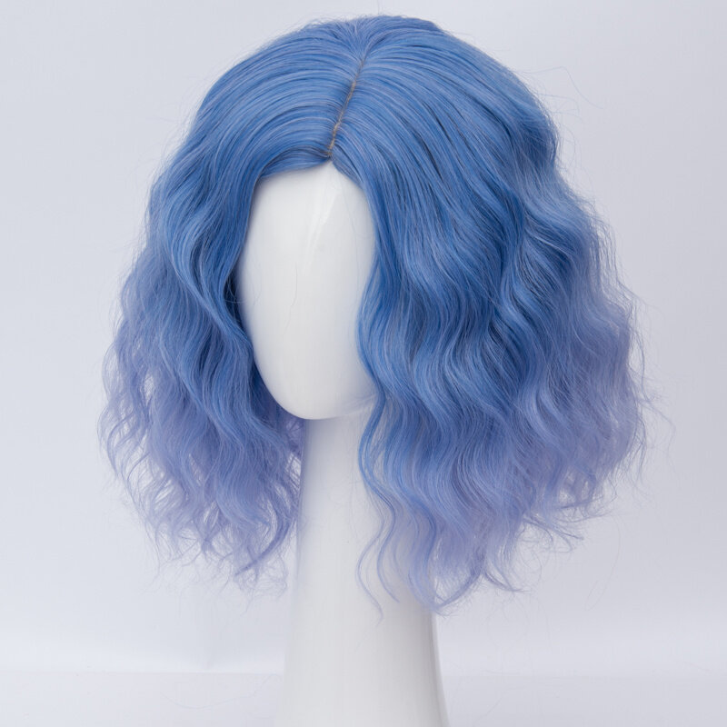 Короткий синтетический парик для косплея Лолиты 35 см, термостойкий, смешанный, с синими вьющимися волосами, в стиле звезд, с шапочкой