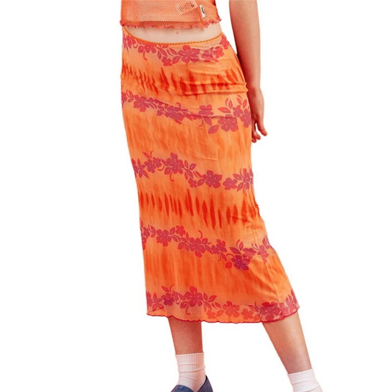 2021 nova moda feminina sexy laranja boêmio floral imprimir casual praia verão solto ajuste saias de cintura alta
