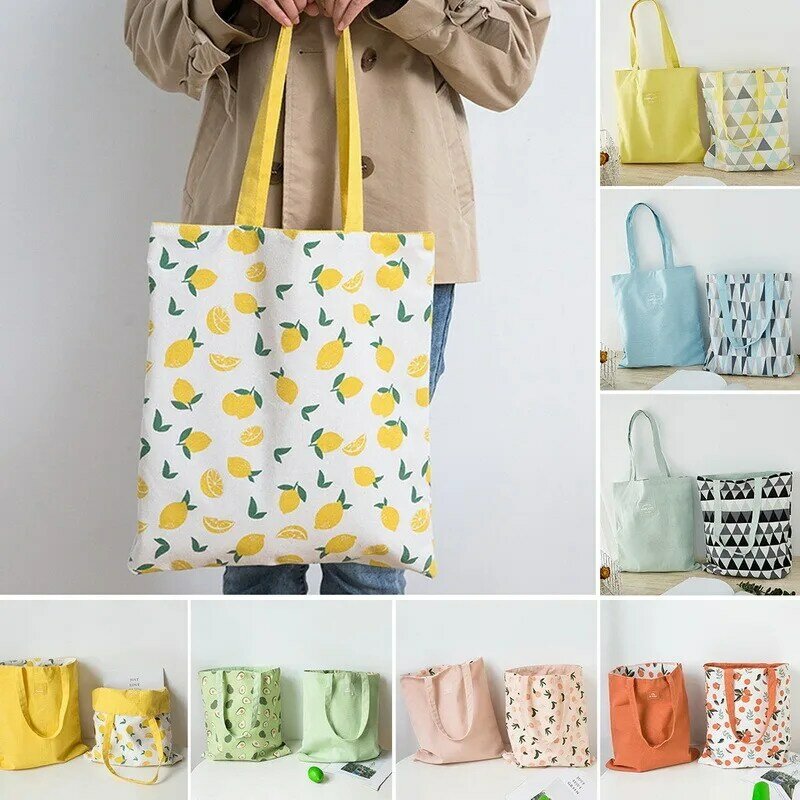 Bolso de lona de doble uso para compras, bolsa de hombro de dibujo de fruta, de gran capacidad, para chicas Kawaii