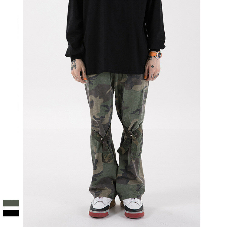 Spring And Summer Men&#39;s Straight Leg National Trend Hip-hop Camouflage Strappy Trousers For Men And Women Wide Leg Pants