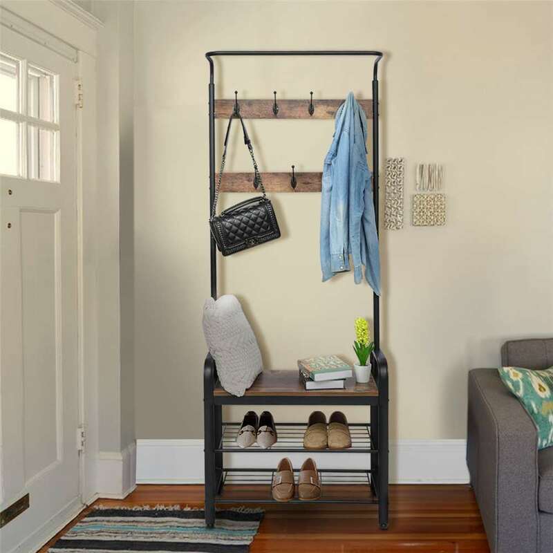 Douxlife 3-tier cabide rack piso de pé guarda-roupa roupas de suspensão prateleira de armazenamento rack de secagem com banco de sapato 7 gancho