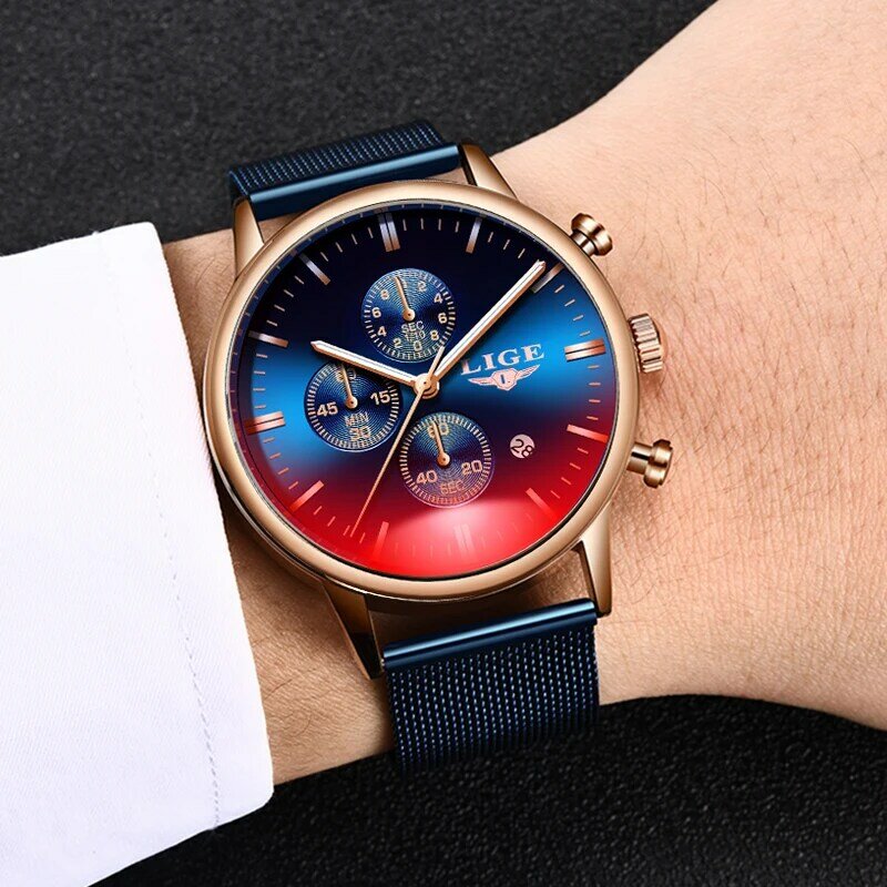 2021 LIGE nowy unikalny męski zegarek siatka ze stali nierdzewnej pasek zegarki dla mężczyzn Casual Sport Chronograph wodoodporny zegarek kwarcowy