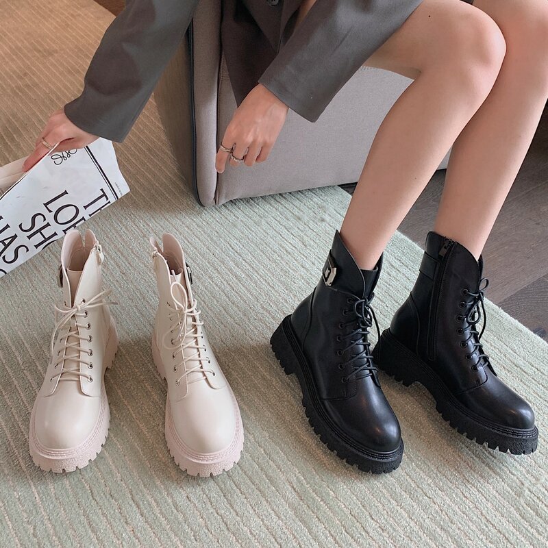 2021 Winter Women  Boots Fashion Round Head Waterproof Platform Lace-up Zipper Non-slip Thick Mid-heel Martin Ankle Boots