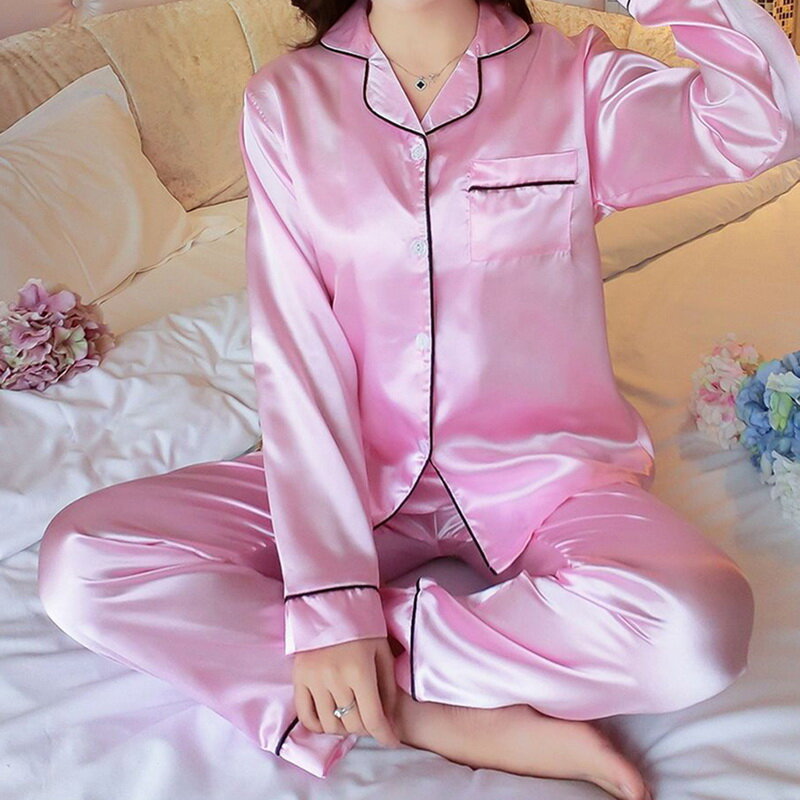 Spring Summer New Elegant Fashion Casual Women Lady Satin Pajamas Set Pyjama Sleepwear Nightwear Loungewear Homewear