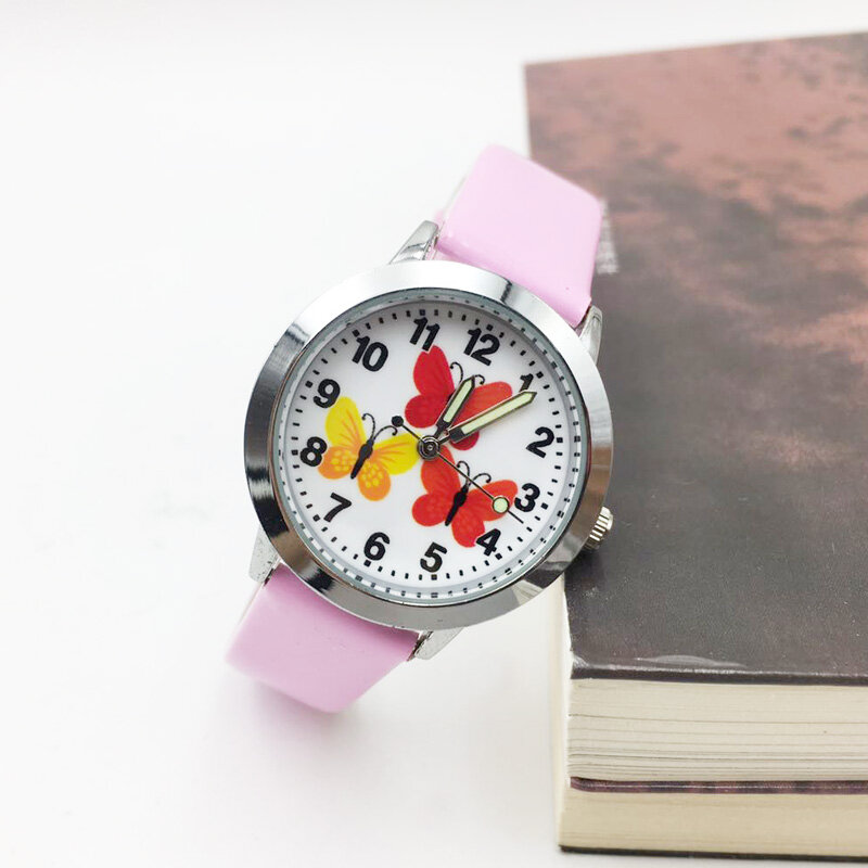Bonito dos desenhos animados borboleta crianças relógios luminosos mãos geléia rosa couro relógio de quartzo menina senhoras estudante moda relógio de pulso montre