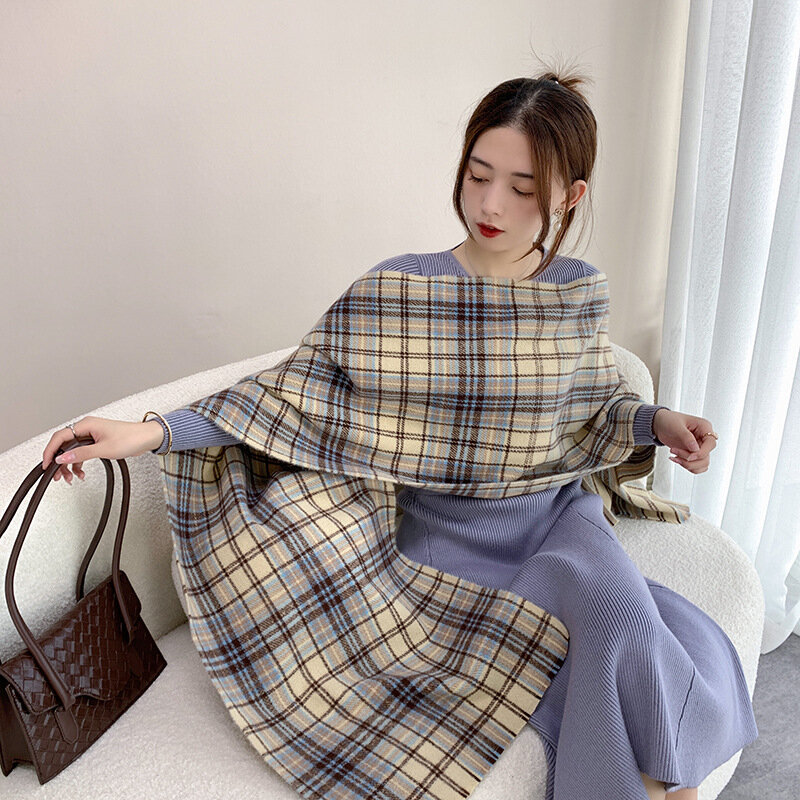 Bufanda cálida a la moda para mujer, chales de Cachemira de imitación, a cuadros japoneses y coreanos extendidos, otoño e invierno, 2021