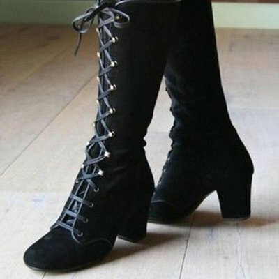 Bottes d'équitation style médiéval pour femmes, chaussures de Cowboy à lacets, en daim, à talons hauts, mi-mollet, Sexy, hiver 2021